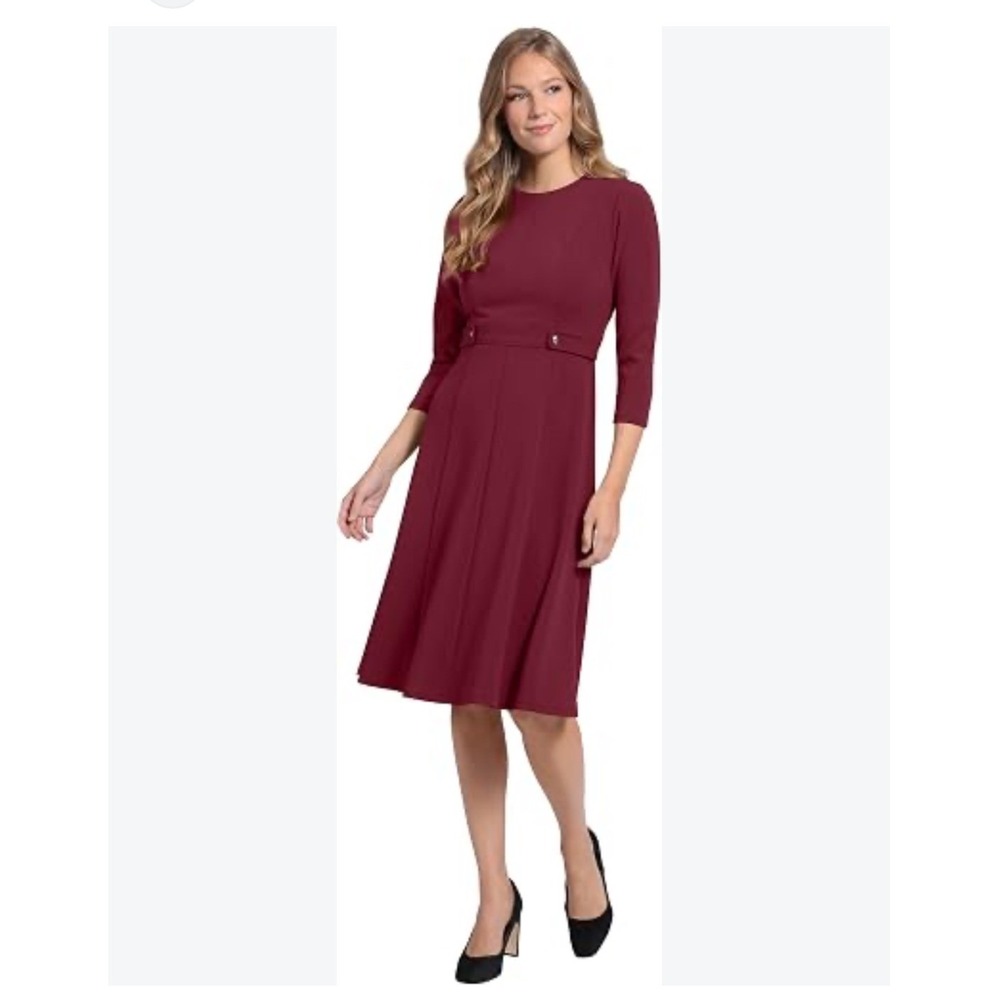 London Style Chic Posh Burgundy 3/4 Sleeve Fit & Flare Midi Dress Sz 4